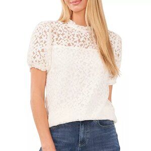 CeCe White Lace Ruffled Puff Sleeve Top Short Sleeve Size M